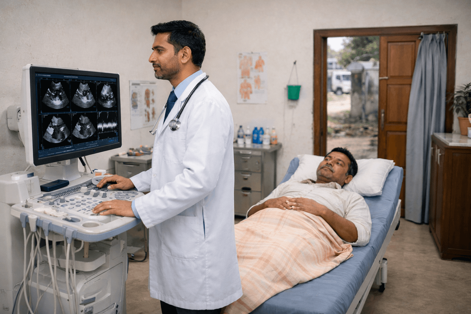 Dr. Nishant Raj performing ultrasound diagnosis on a patient
